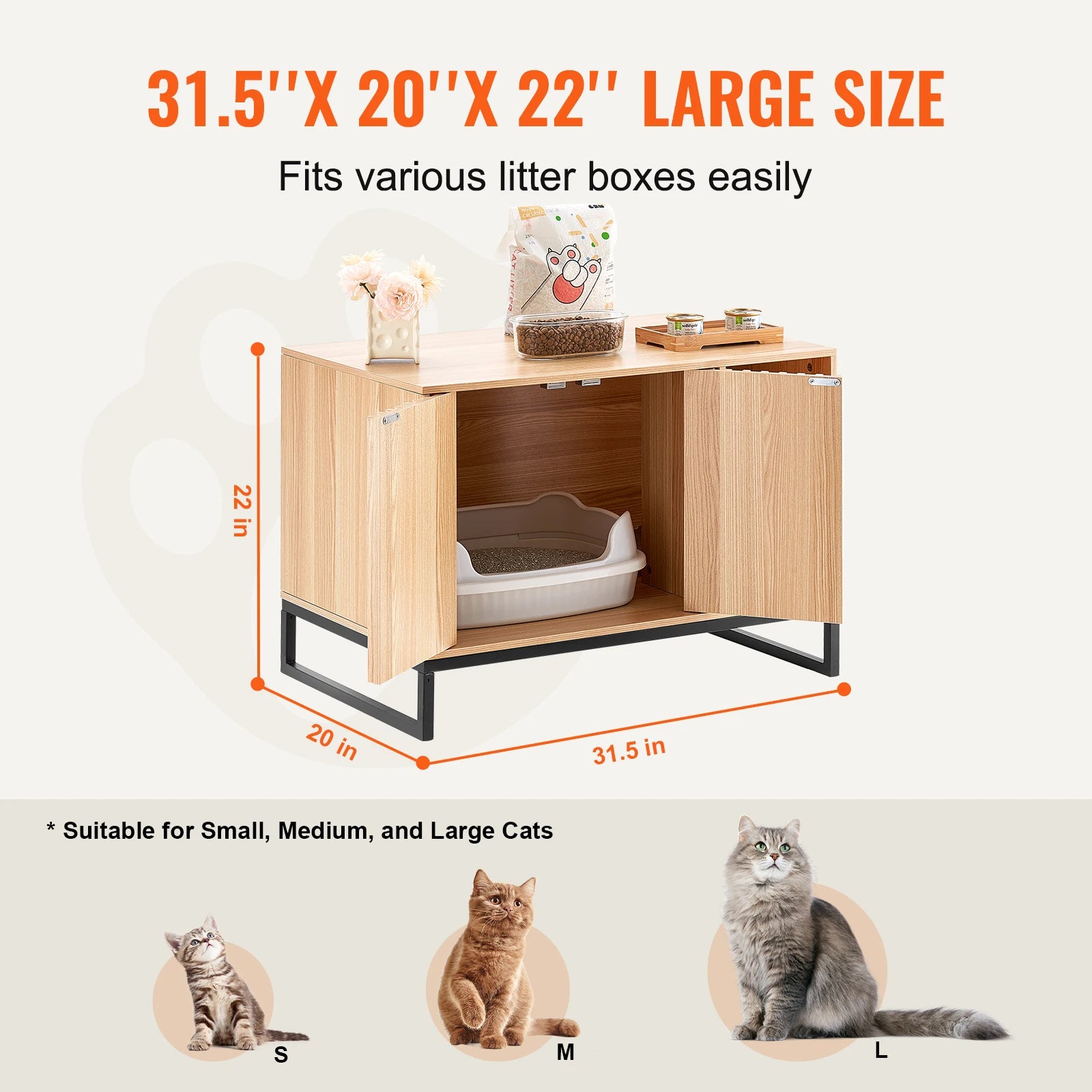 SucceBuy Cat Litter Box Enclosure Hidden Litter Box Furniture Wooden Cat Washroom Indoor with 2 Doors Study Metal Legs Cat House
