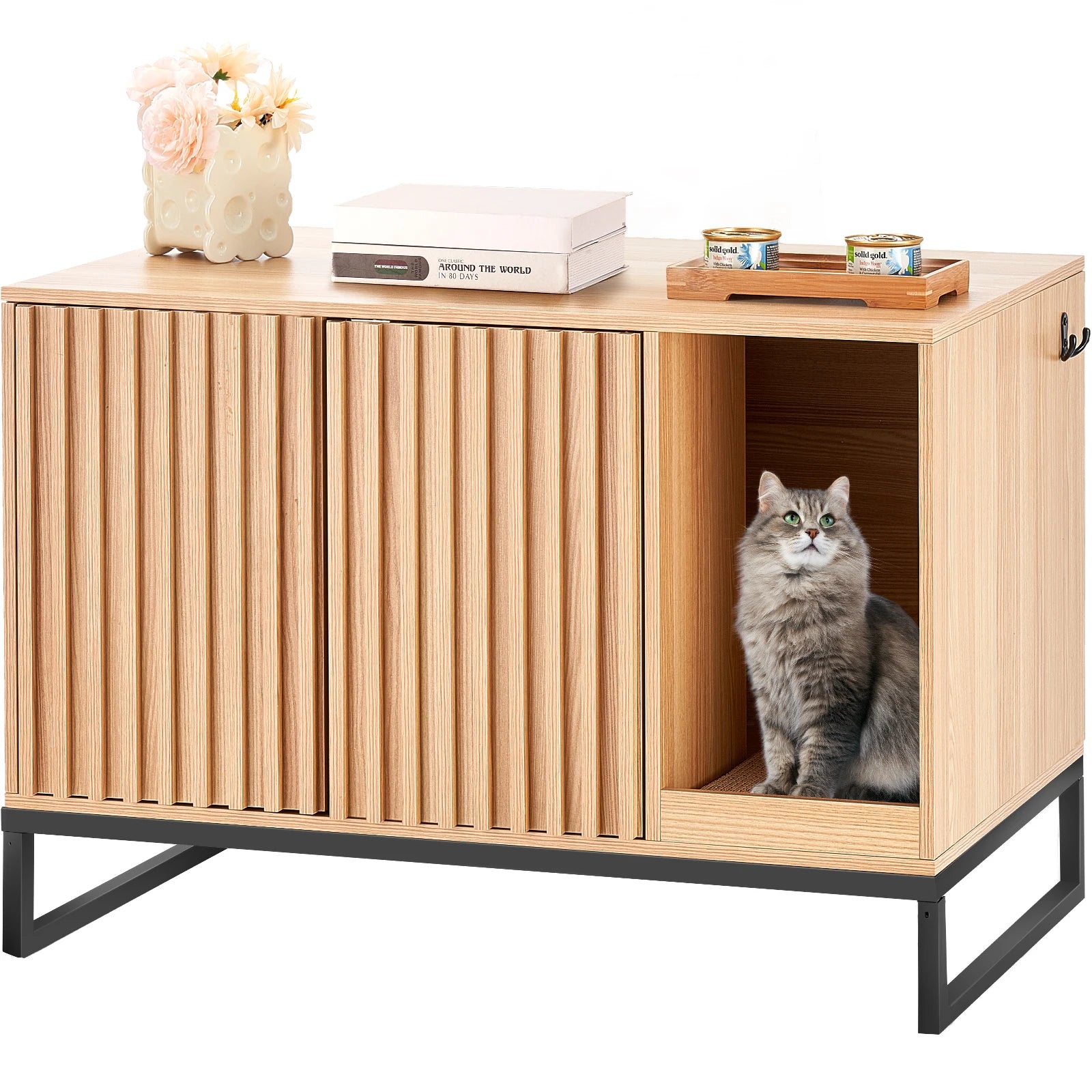 SucceBuy Cat Litter Box Enclosure Hidden Litter Box Furniture Wooden Cat Washroom Indoor with 2 Doors Study Metal Legs Cat House