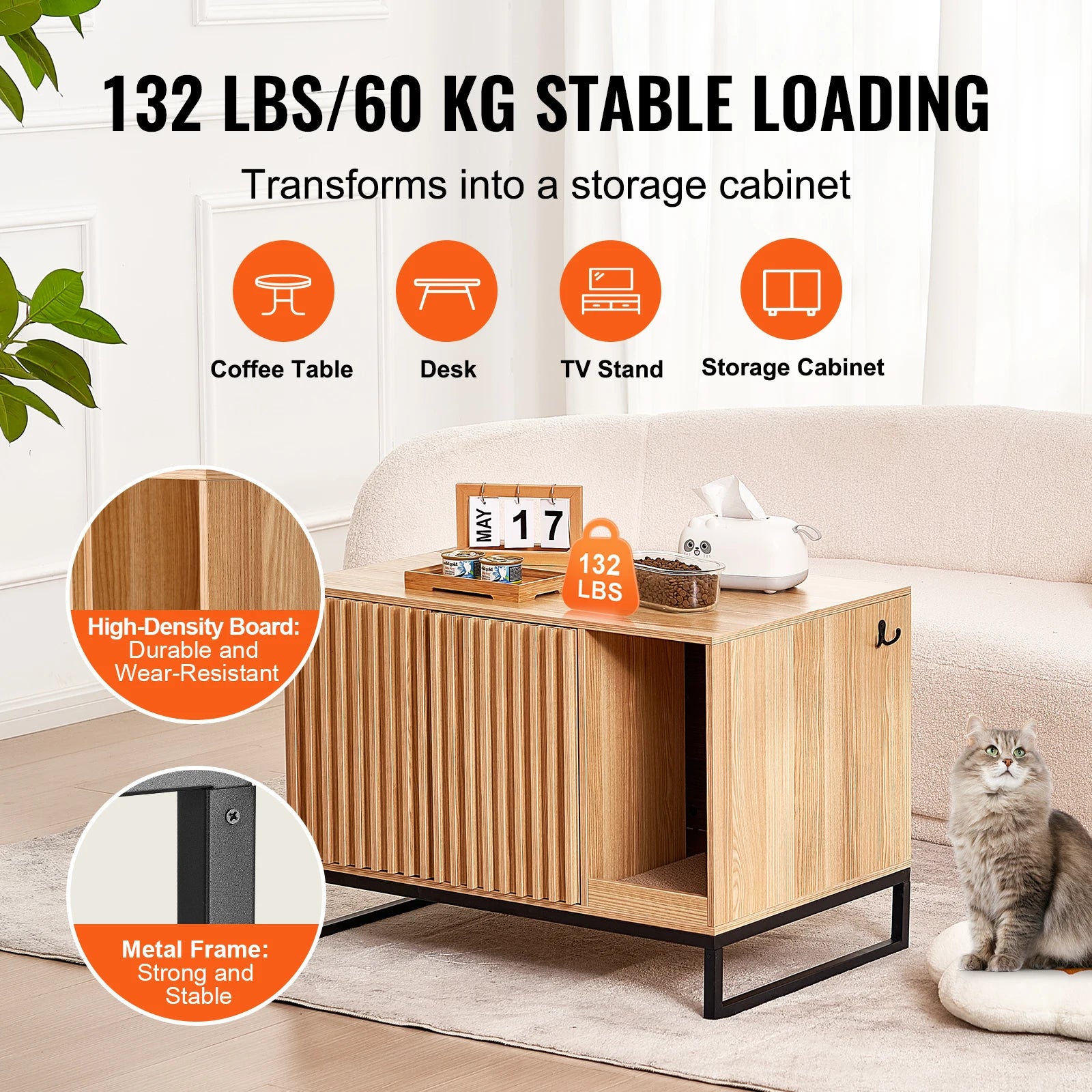 SucceBuy Cat Litter Box Enclosure Hidden Litter Box Furniture Wooden Cat Washroom Indoor with 2 Doors Study Metal Legs Cat House