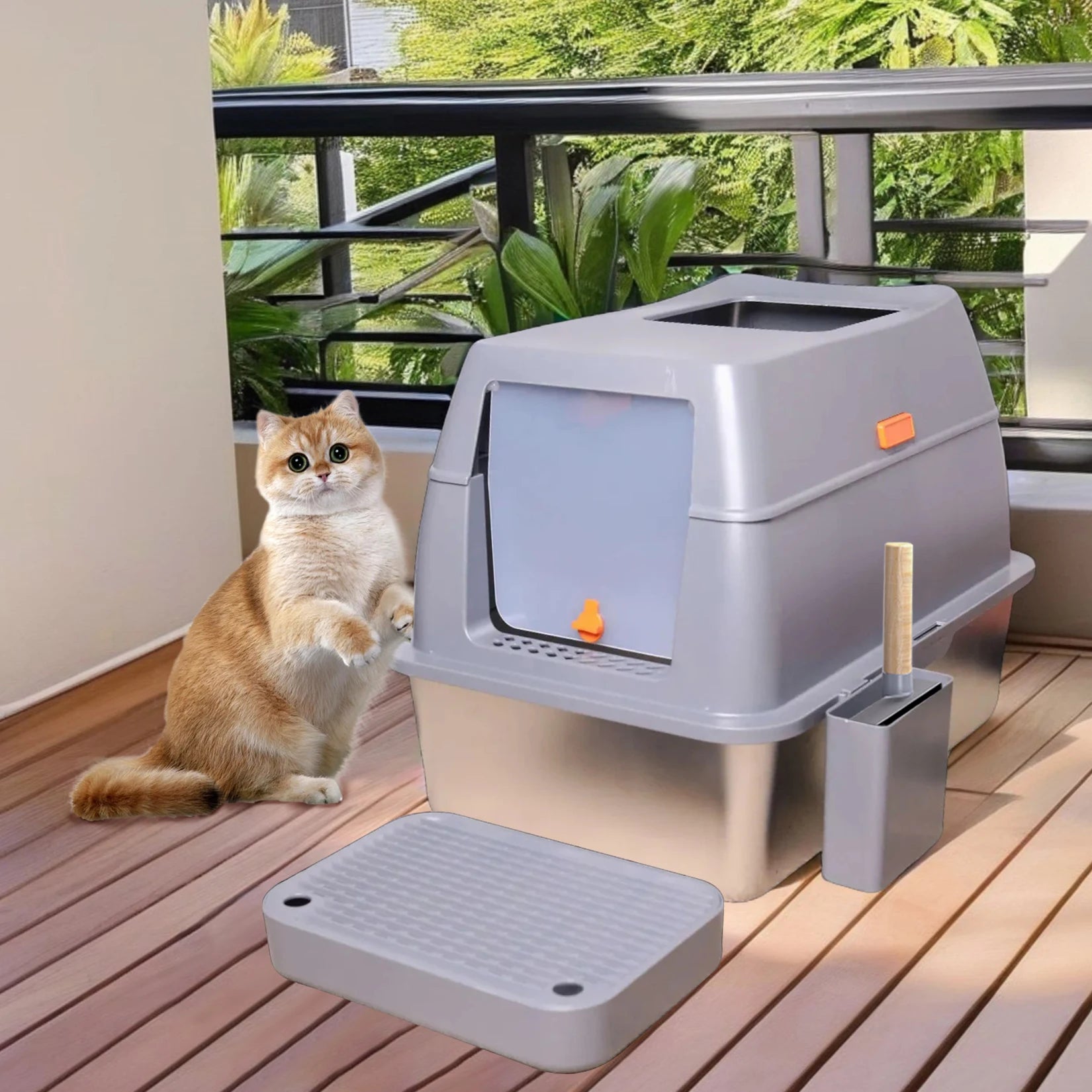 Enclosed Stainless Steel Cat Litter Box with Lid for Extra Large Cats Kitty Semi-open Design