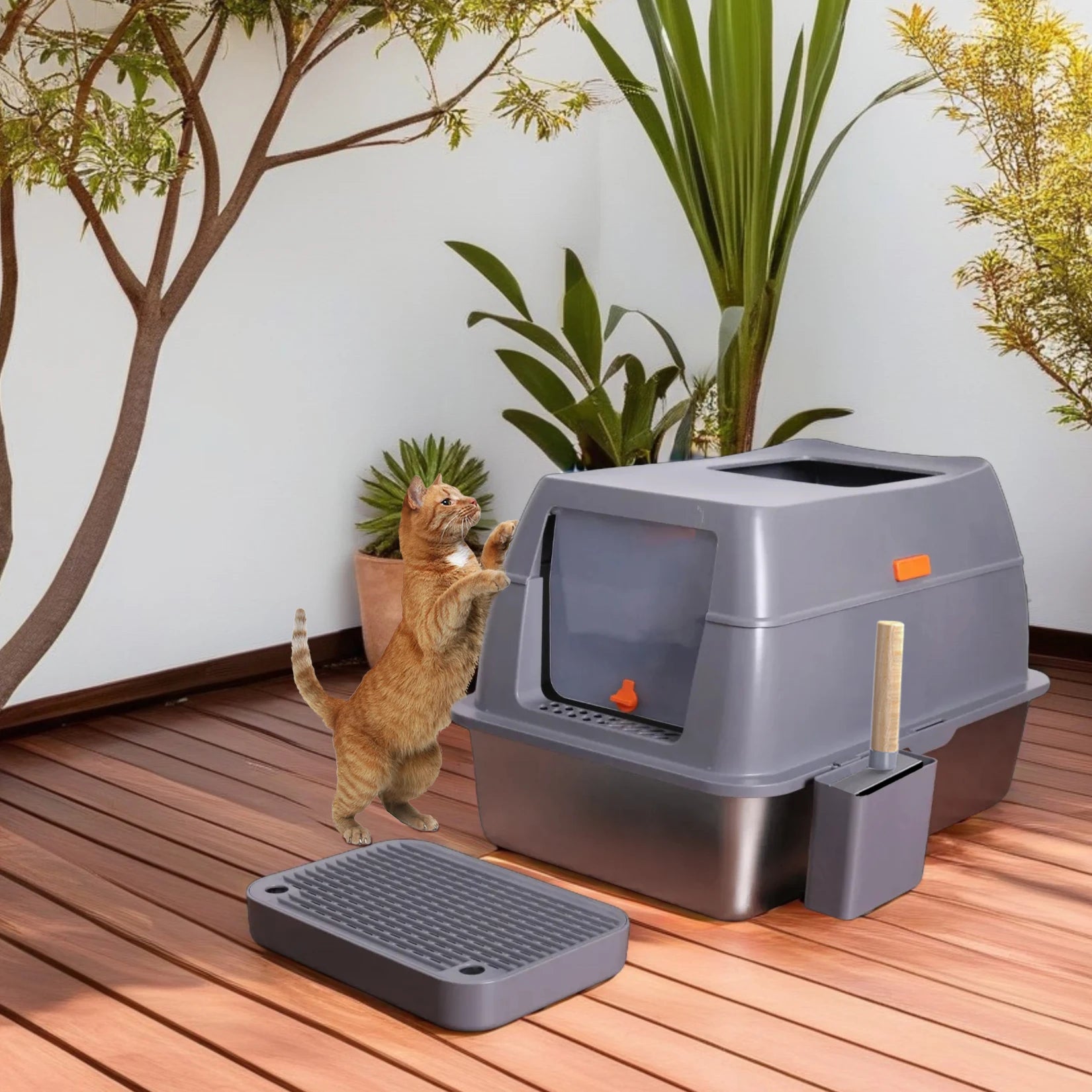 Enclosed Stainless Steel Cat Litter Box with Lid for Extra Large Cats Kitty Semi-open Design