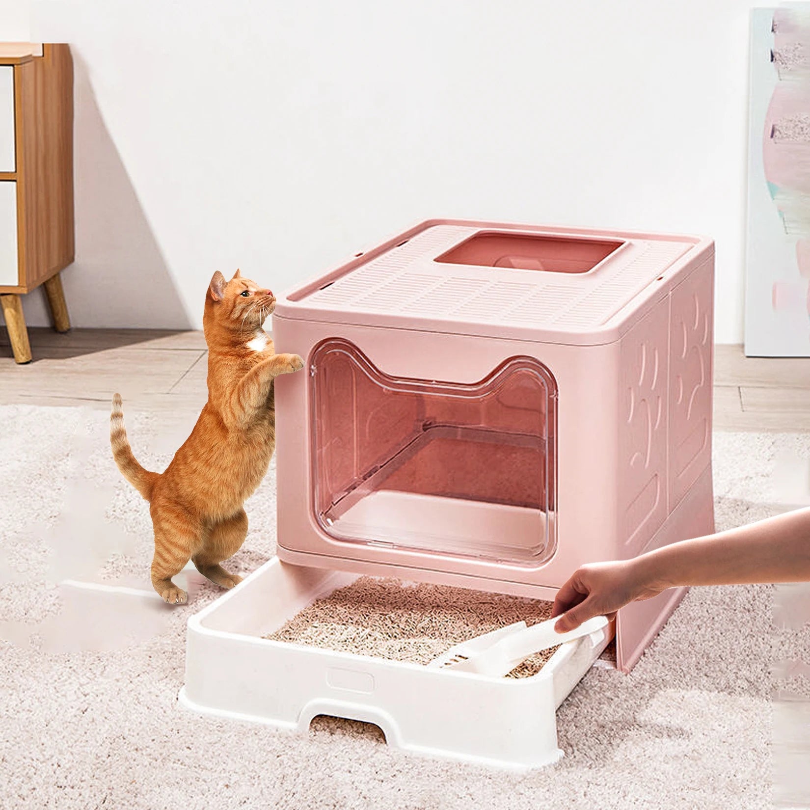 Modern Flexible Tidy Cat Litter Box Enclosure Cat House Furniture Cat Potty with Portable Scoop Drawer Kitty Poop Home