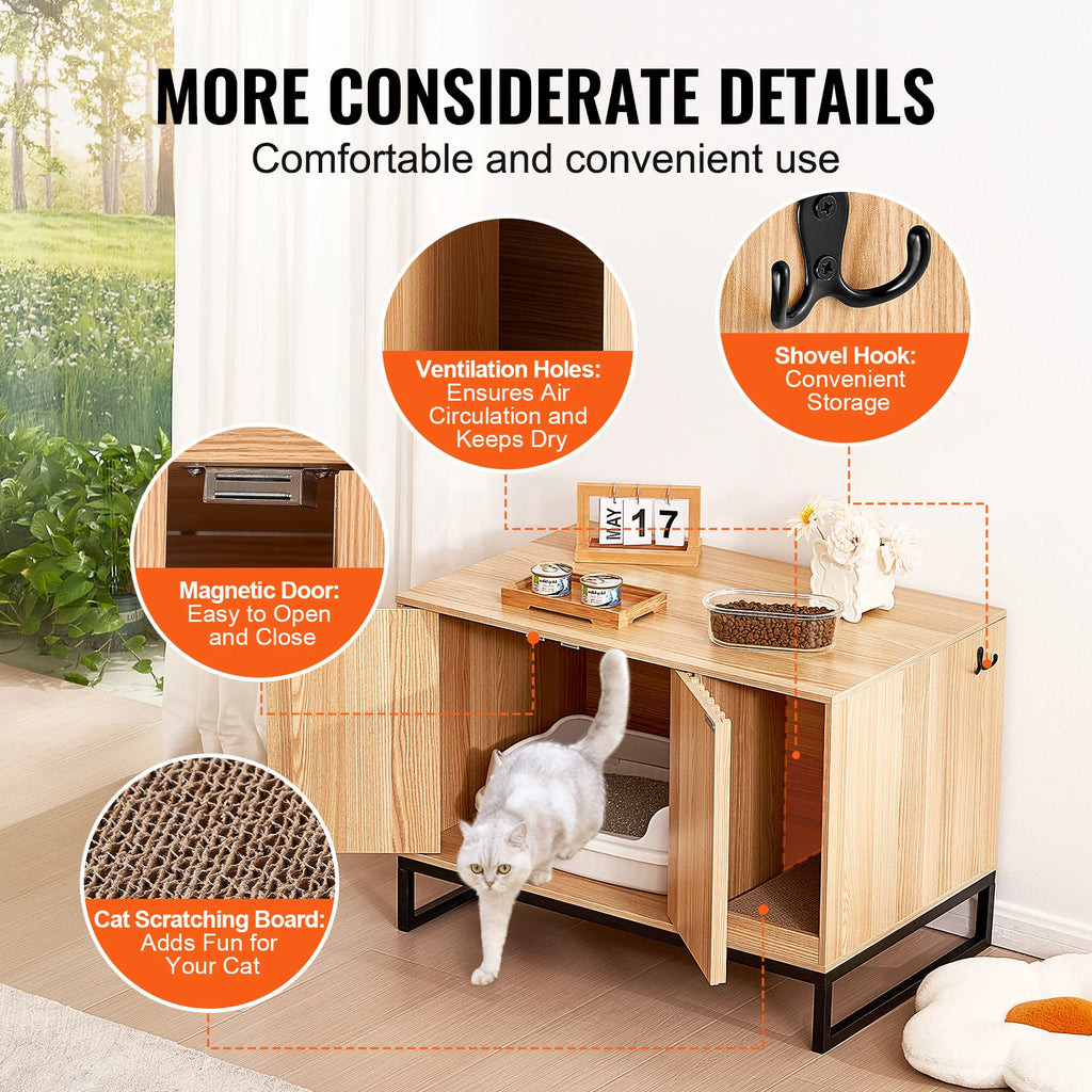 SucceBuy Cat Litter Box Enclosure Hidden Litter Box Furniture Wooden Cat Washroom Indoor with 2 Doors Study Metal Legs Cat House