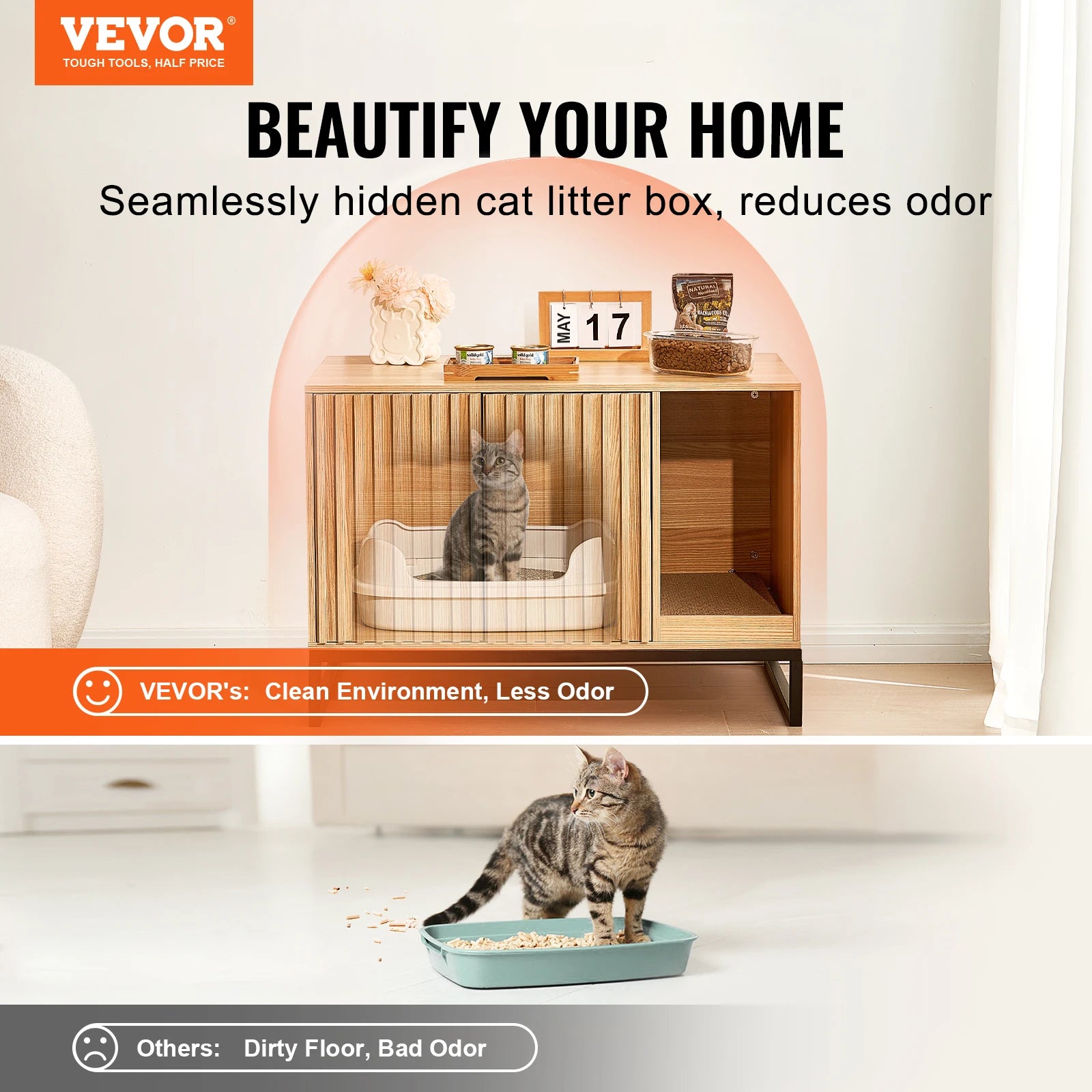 SucceBuy Cat Litter Box Enclosure Hidden Litter Box Furniture Wooden Cat Washroom Indoor with 2 Doors Study Metal Legs Cat House